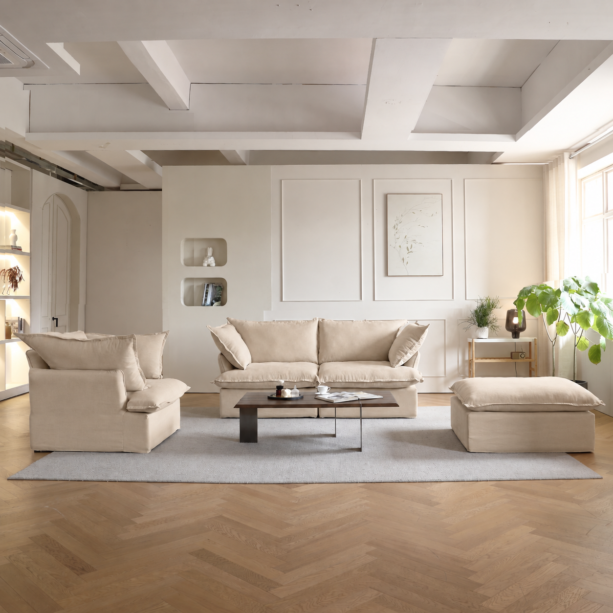 Ascend Haven beige modular sofa, armchair and ottoman in a bright modern living room