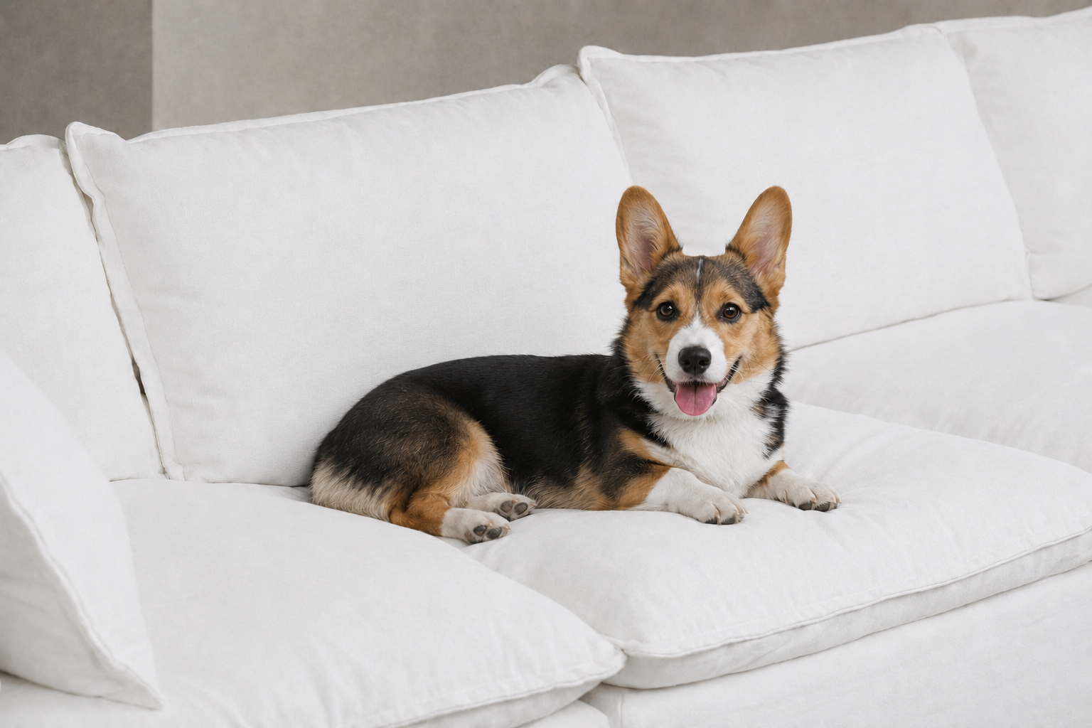 Corgi resting on a white Ascend modular sofa