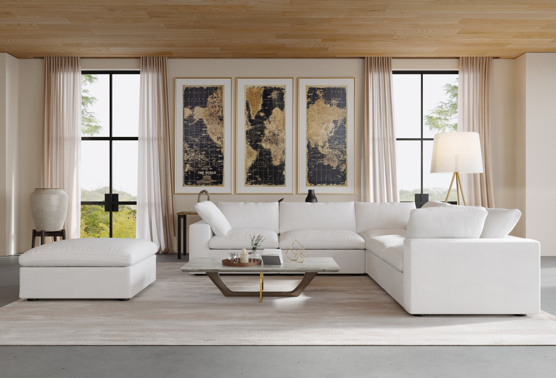 Ascend Forma modules arranged as a corner sectional with ottoman in a sunlit living room